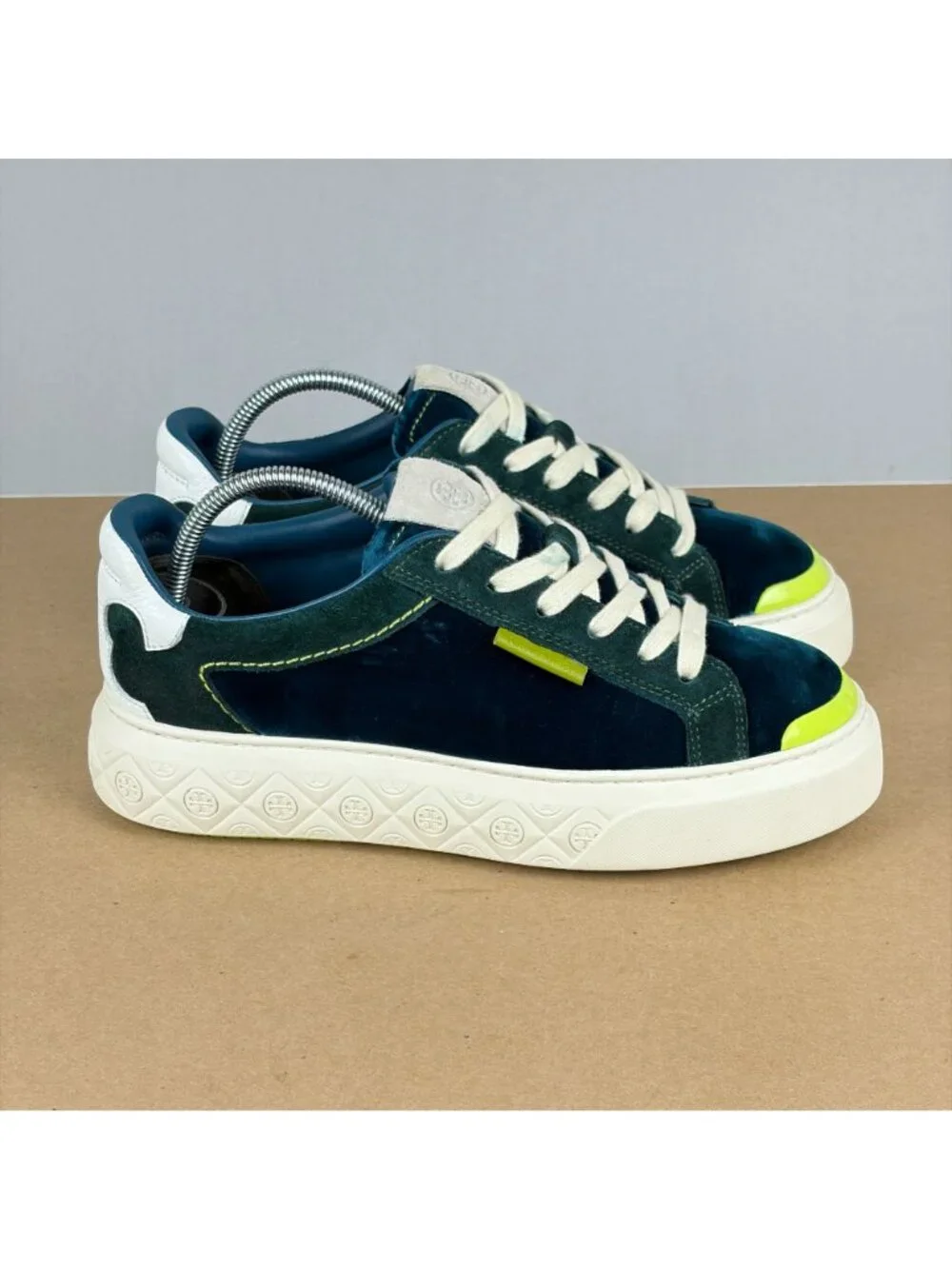 Tory Burch Velvet Ladybug Sneakers Womens 7.5 Dark Teal Low Top Lace Up Shoes